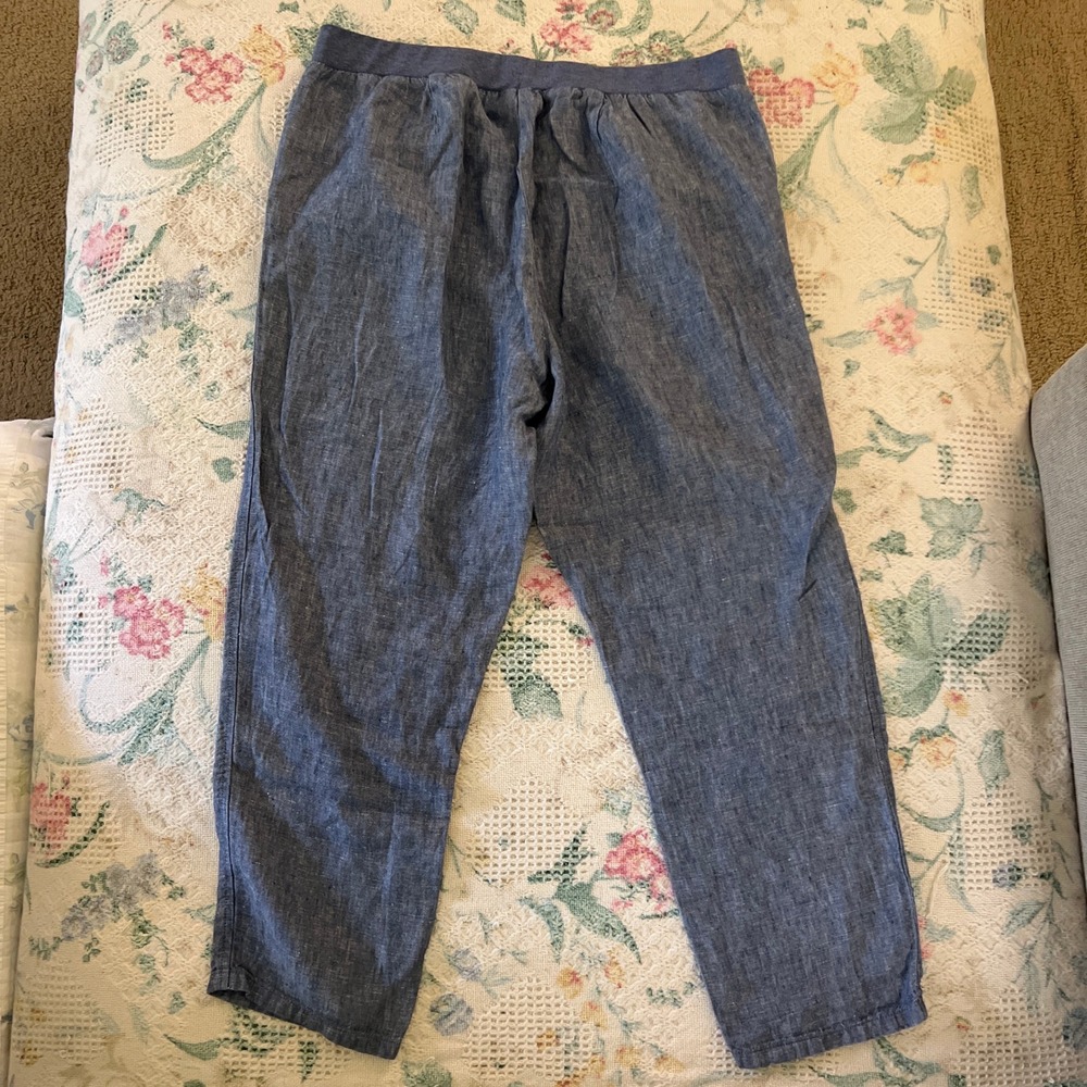 J. Jill Love Linen Blue Chambray Pants 100% Linen Petite Medium Pockets Relaxed